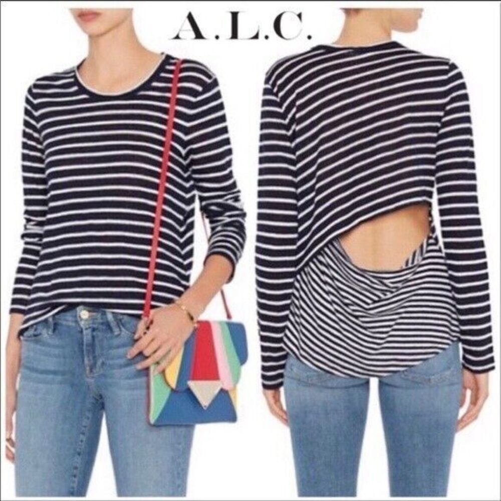 NWT ALC Blue White Striped Open Back Linen Long Sleeve Tee Nautical SIZE SMALL